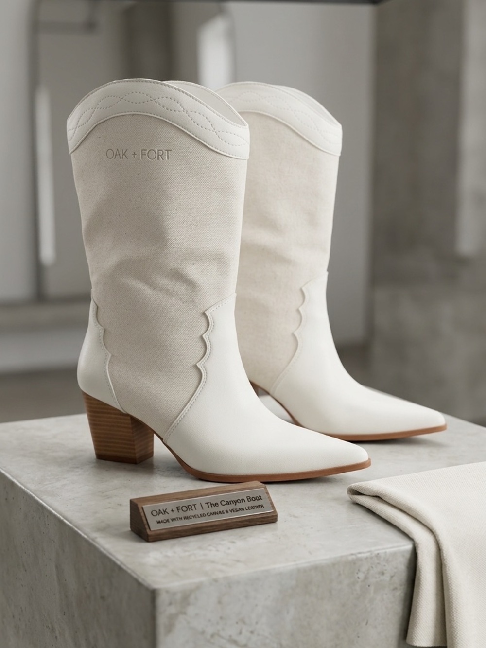 OAK + FORT Cream Canvas and Leather Mid-Calf Western Boots